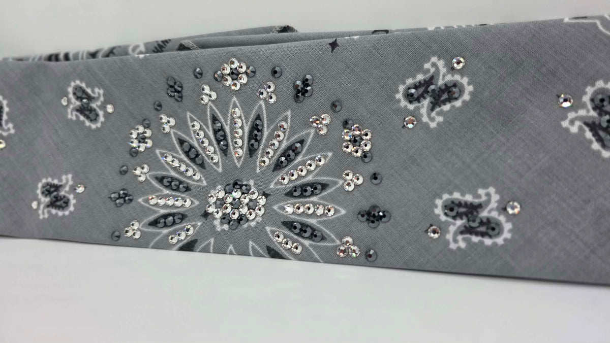 Silver Paisley Bandana with Black and Diamond Clear Austrian Crystals (E60166)
