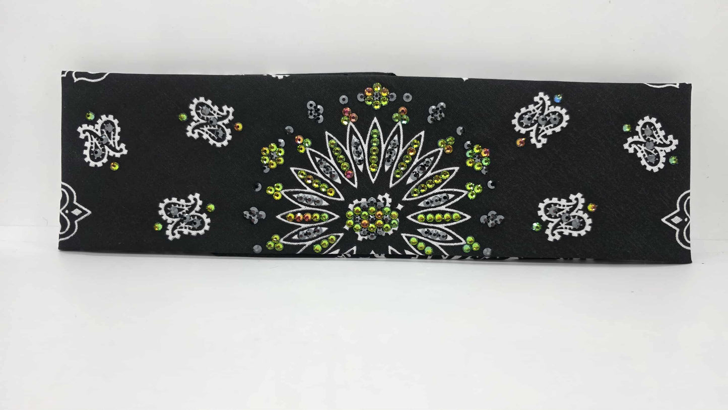 EXTRA BLING - Black Paisley Bandana with Vitrail and Black Austrian Crystals (sku6422)