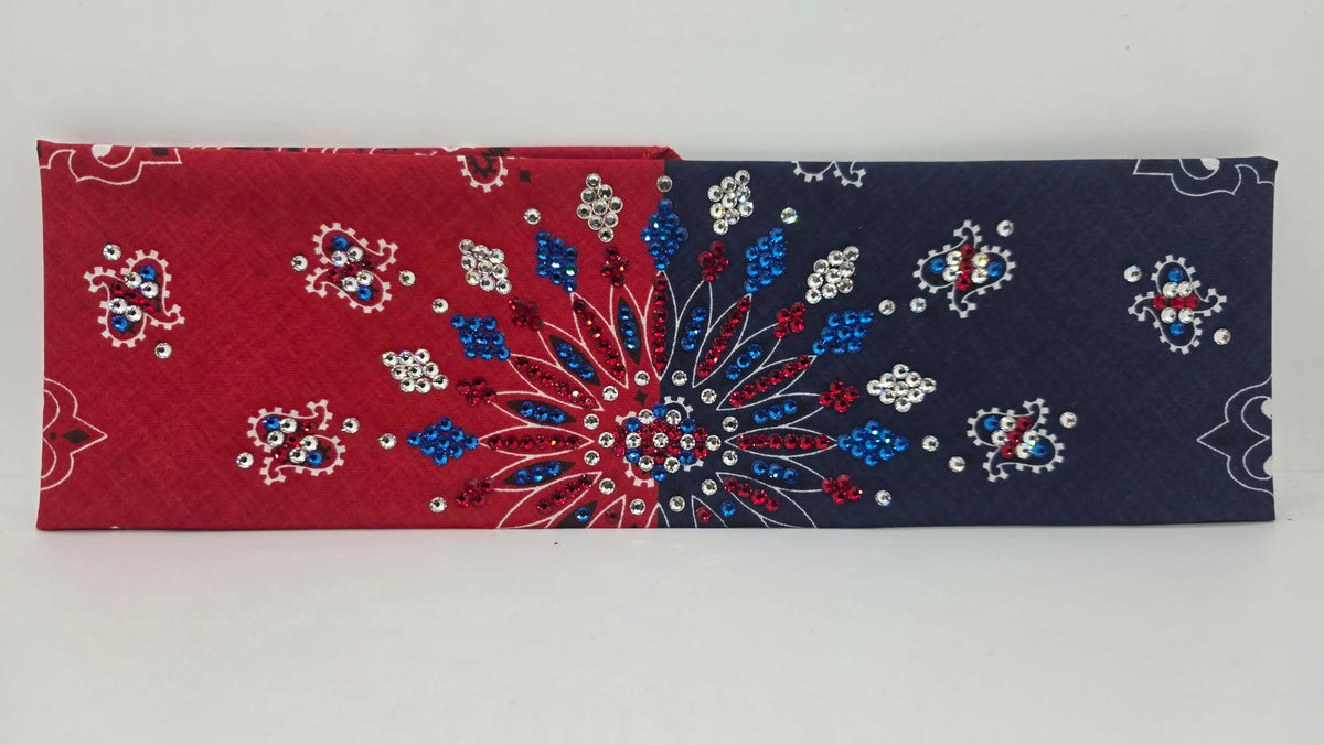 LeeAnnette Red/Blue Paisley Bandana with Capri Blue, Red and Diamond Clear Austrian Crystals (L40269)