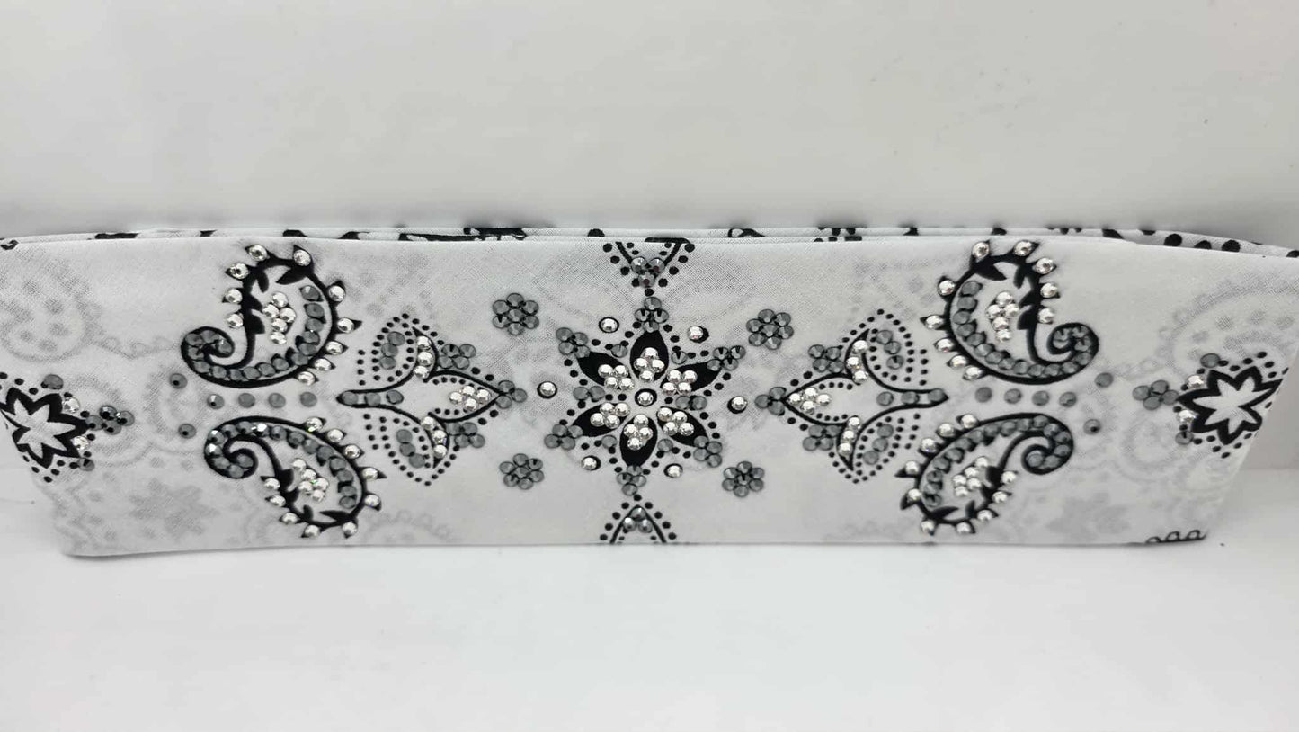 LeeAnnette Large White Flower Bandana with Black and Diamond Clear Austrian Crystals (sku40101)