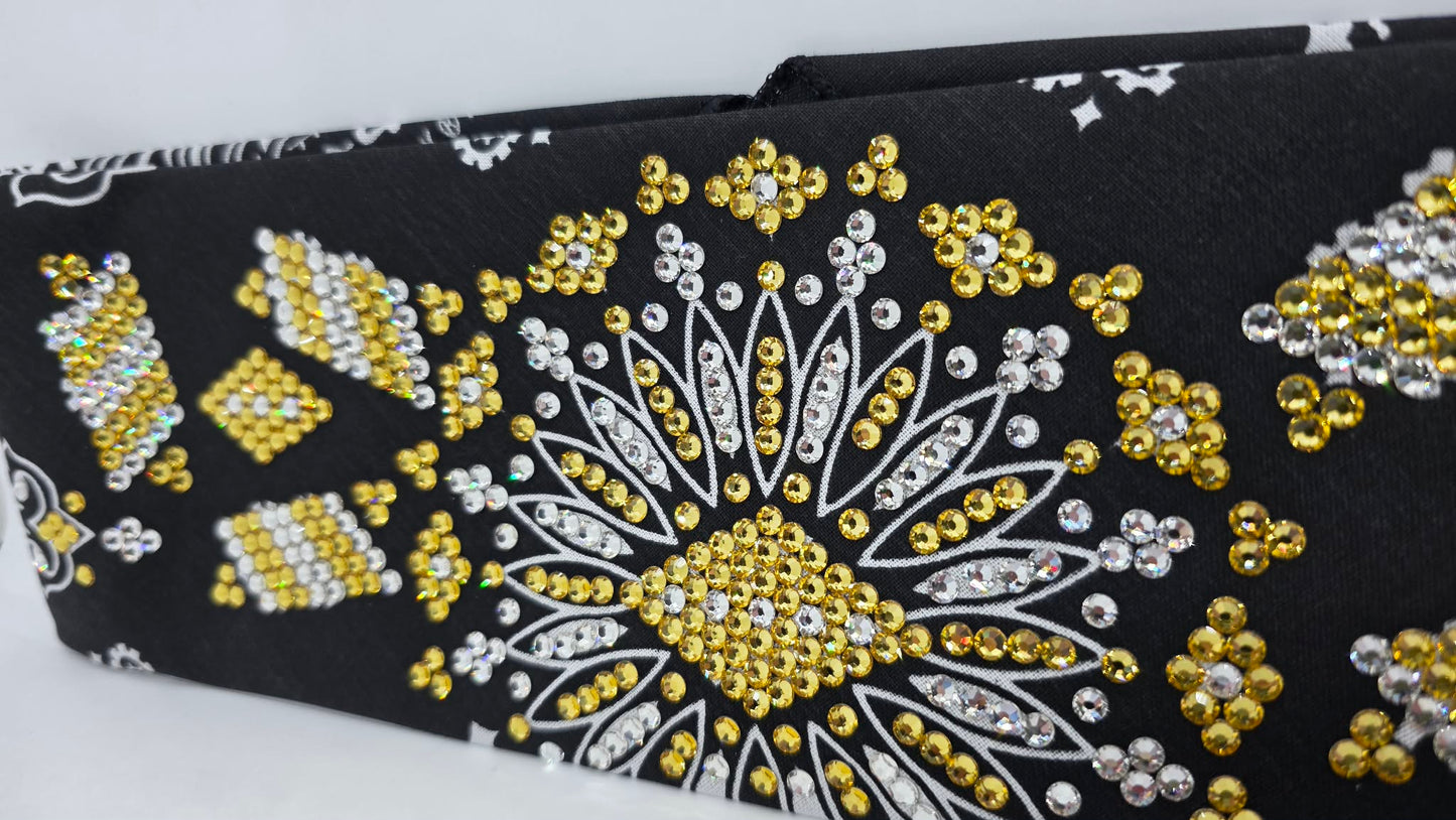 Super LeeAnnette Black Paisley Bandana with Golden Yellow and Diamond Clear Austrian Crystals (S48121)