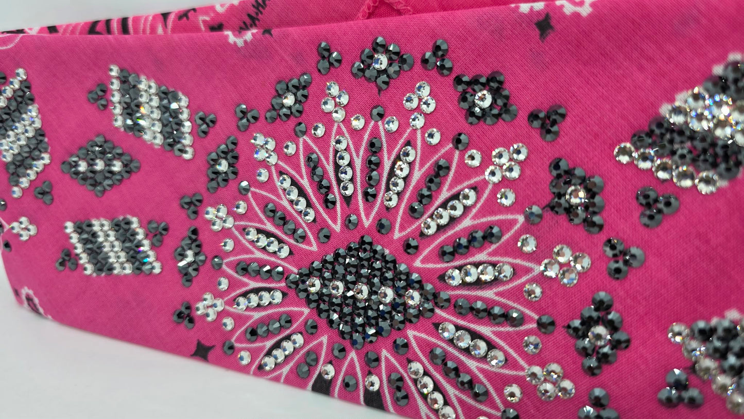 Super LeeAnnette Pink Paisley Bandana with Black and Diamond Sea Austrian Crystals (S48139)
