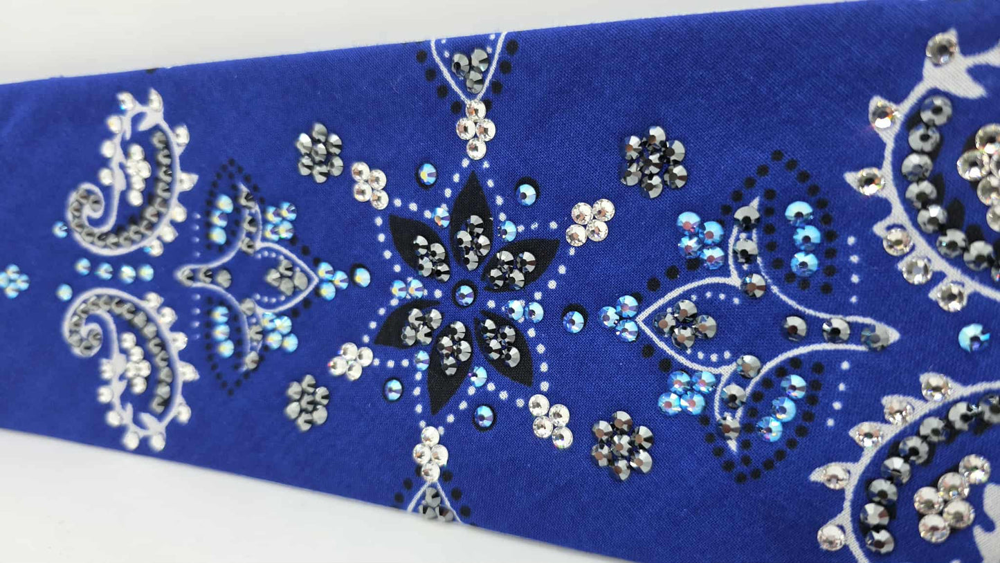 LeeAnnette Large Royal Blue Flower Bandana with Blue Shimmer, Black and Diamond Clear Austrian Crystals (sku40119)
