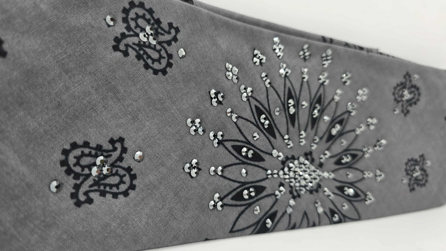 EXTRA BLING - Large Grey Paisley Bandana with Black Austrian Crystals (sku6406)