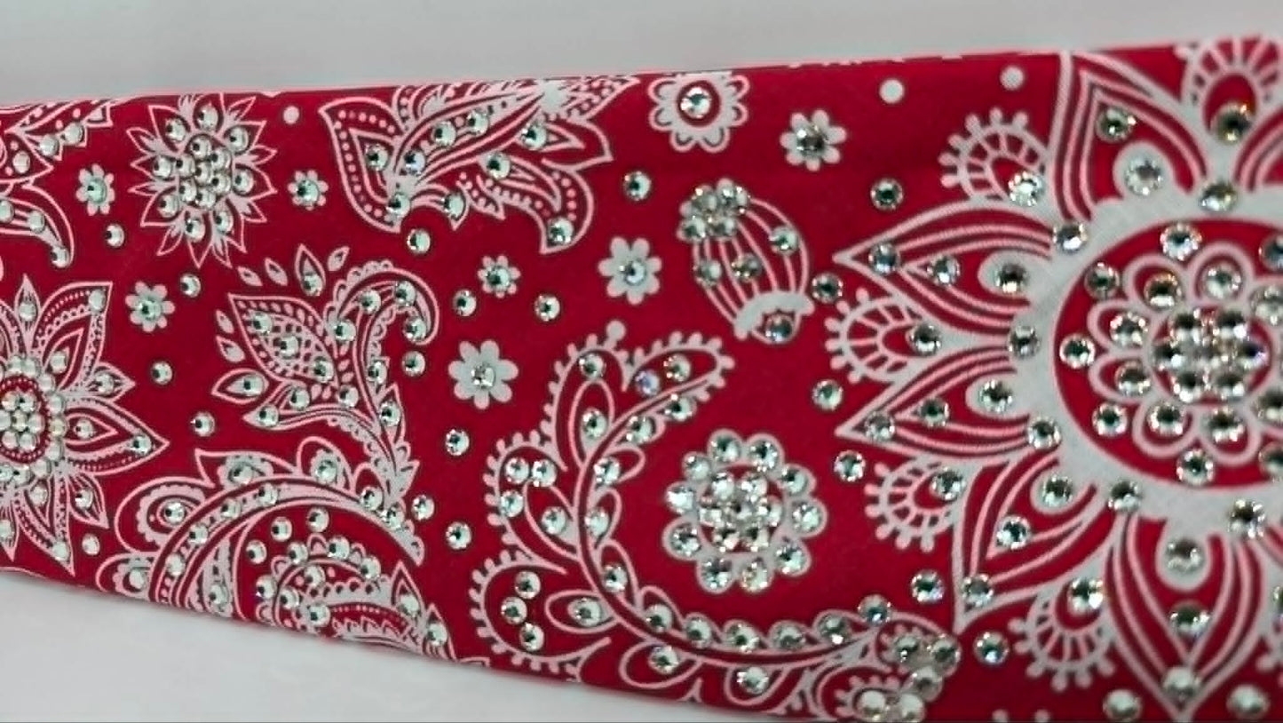 LeeAnnette White on Red Paisley Bandana with Diamond Clear Austrian Crystals (L40237)