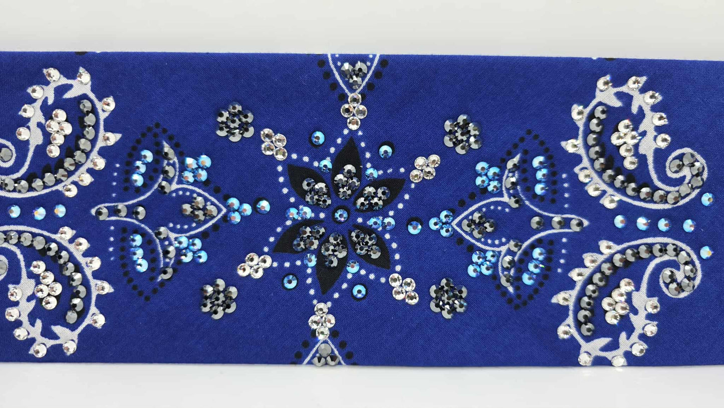 LeeAnnette Large Royal Blue Flower Bandana with Blue Shimmer, Black and Diamond Clear Austrian Crystals (sku40119)