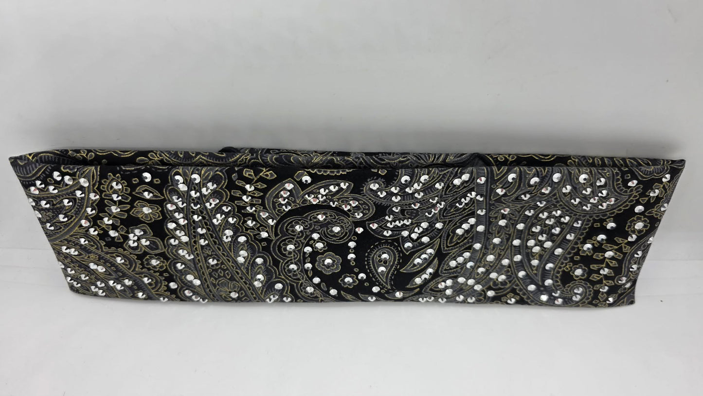 LeeAnnette Grey and Gold Paisley on Black Bandana with Chrome Austrian Crystals (L40220)