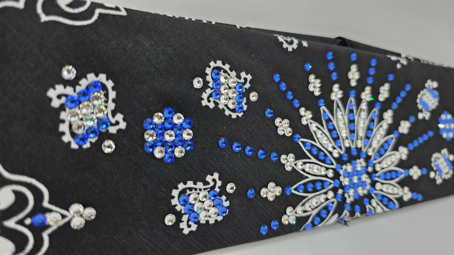 LeeAnnette Black Paisley Bandana with Sapphire and Diamond Clear Austrian Crystals (L40242)