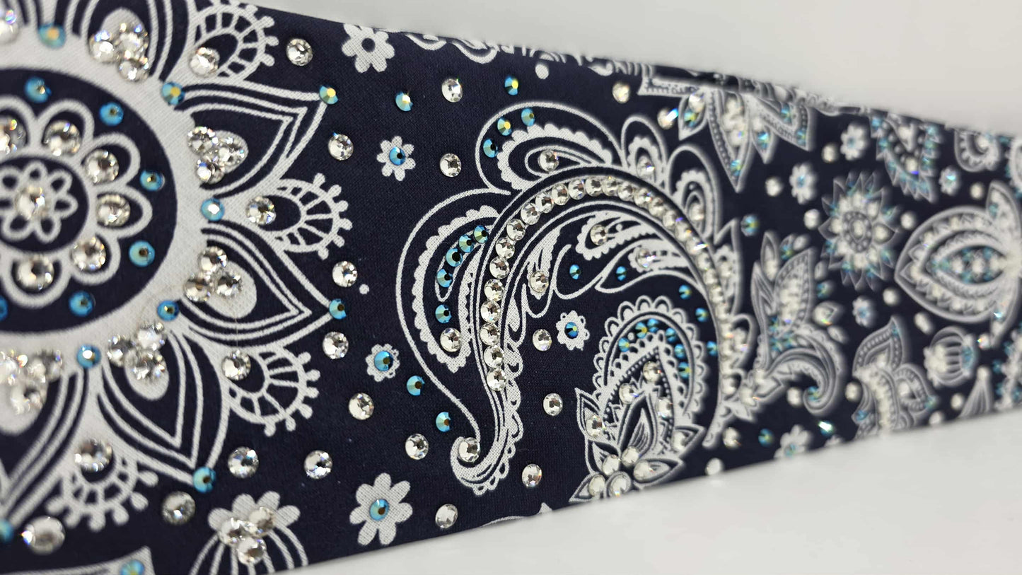 LeeAnnette Fancy Blue Paisley Bandana with Black Shimmer and Diamond Clear Austrian Crystals (sku40128)