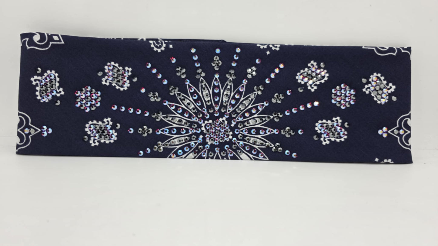 LeeAnnette Navy Paisley Bandana with Red Shimmer and Black Austrian Crystals (sku40094)
