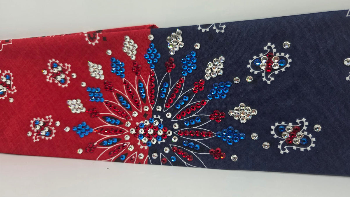 LeeAnnette Red/Blue Paisley Bandana with Capri Blue, Red and Diamond Clear Austrian Crystals (L40269)