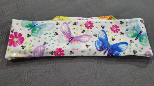 Colorful Butterflies Bandana with Pink, Light Green, Blue Shimmer and Diamond Clear Austrian Crystals (Sku6112)