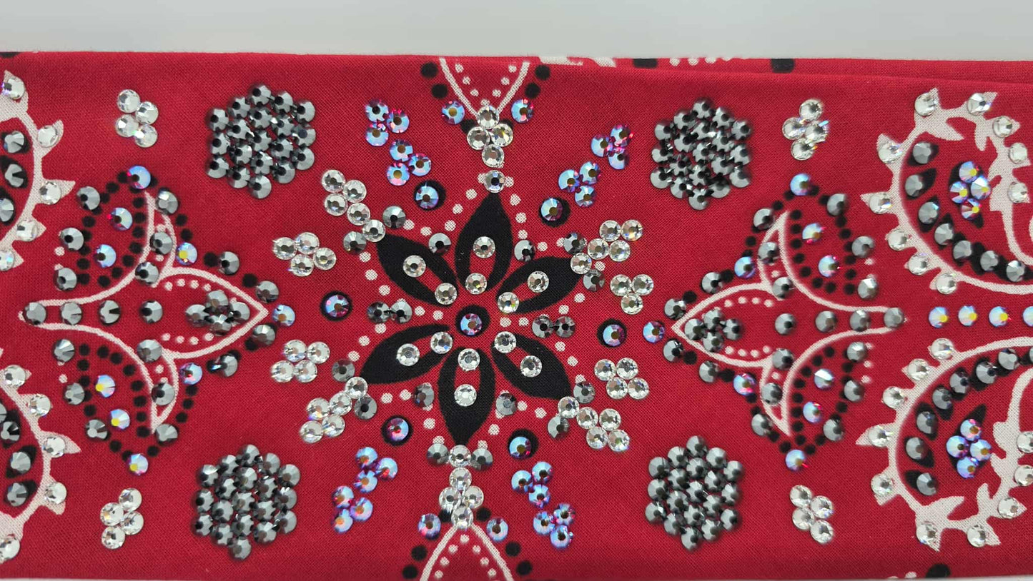 Super LeeAnnette Large Red Flower Bandana with Red Shimmer, Black and Diamond Clear Austrian Crystals (sku40124)