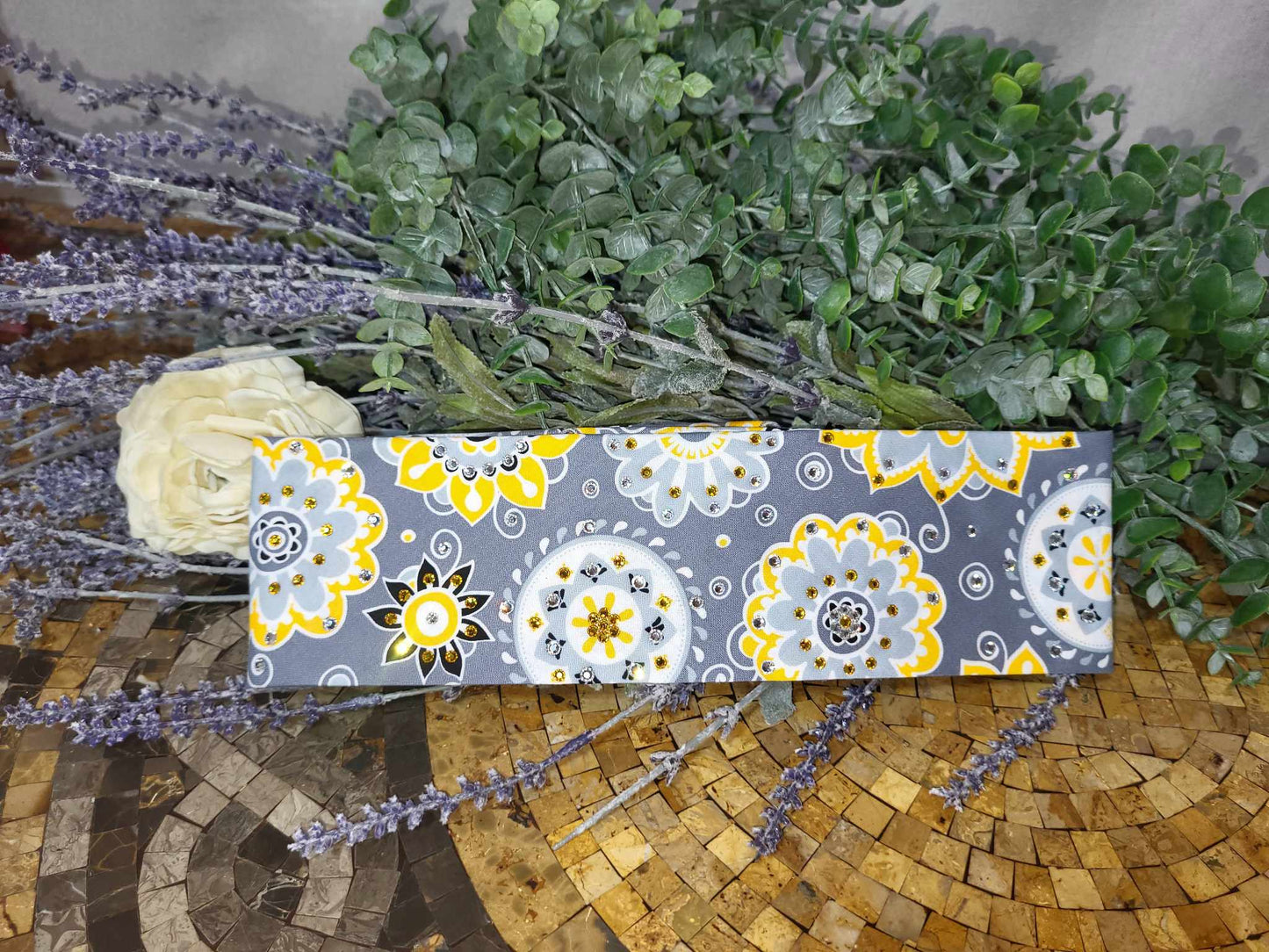 Yellow Flowers on Dark Grey with Yellow and Diamond Clear Austrian Crystals (Sku6129)