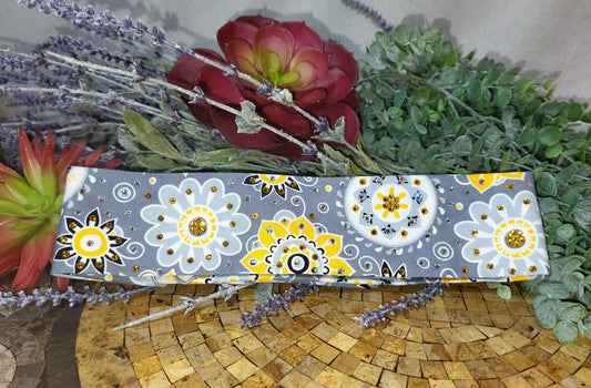 Narrow Yellow Flowers Bandana on Grey with Yellow and Diamond Clear Austrian Crystals (Sku6135)