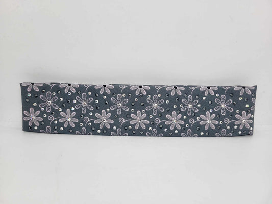 Narrow Pink Daisies on Grey Bandana with Black and Diamond Clear Austrian Crystals (sku6165)