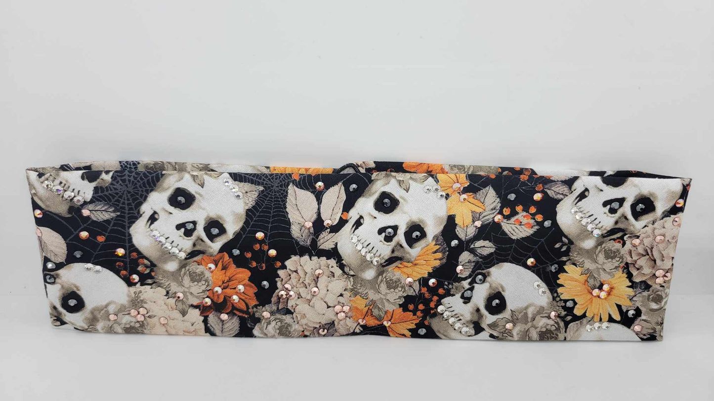 Skulls and Fall Floral with Orange Shimmer, Black and Diamond Clear Austrian Crystals (Sku6175)