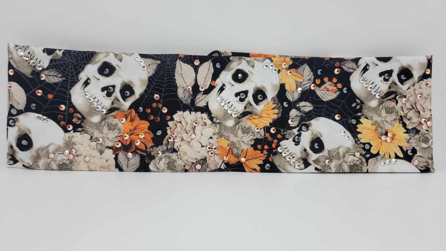 Skulls and Fall Floral with Orange Shimmer, Black and Diamond Clear Austrian Crystals (Sku6175)