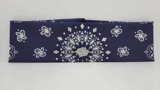 Navy Blue Paisley Bandana with Diamond Clear Austrian Crystals (Sku6253)