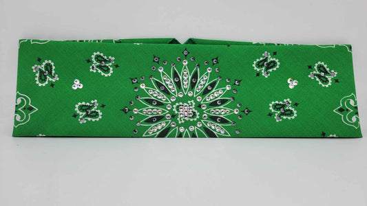 Green Paisley Bandana with Black and Diamond Clear Austrian Crystals (Sku6257)