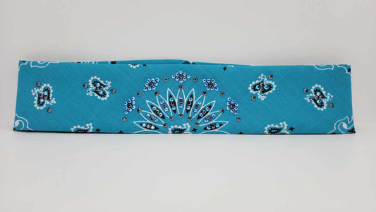 Narrow Light Teal Paisley Bandana with Blue Shimmer and Black Austrian Crystals (sku6270)