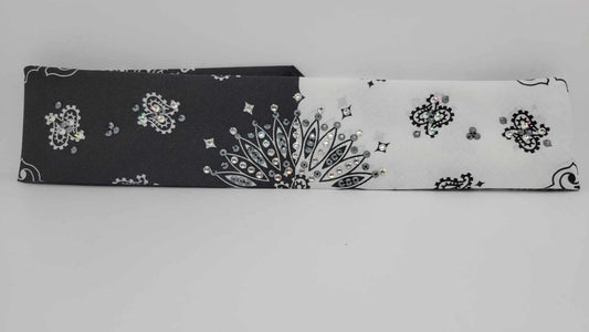 Narrow Black and White Paisley Bandana with Black and Diamond Clear Austrian Crystals (sku6274)