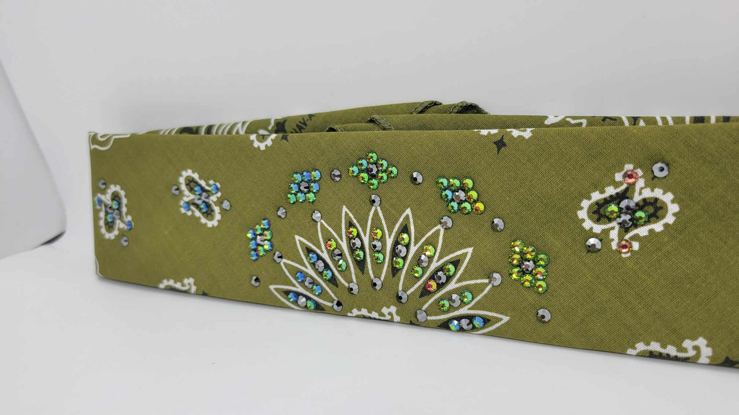 Narrow Olive Green Paisley with Vitrail and Black Austrian Crystals (sku6278)