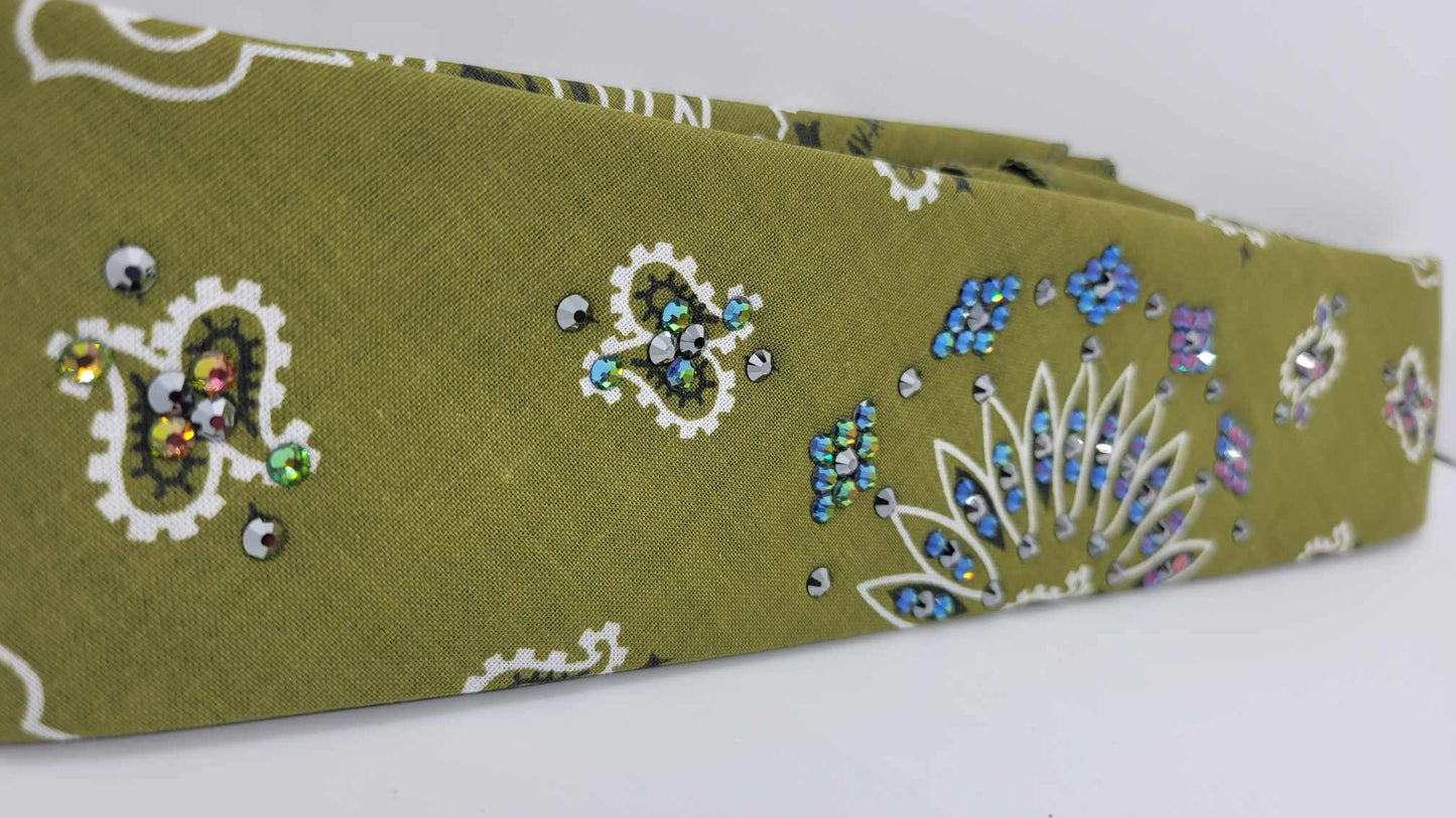 Narrow Olive Green Paisley with Vitrail and Black Austrian Crystals (sku6278)