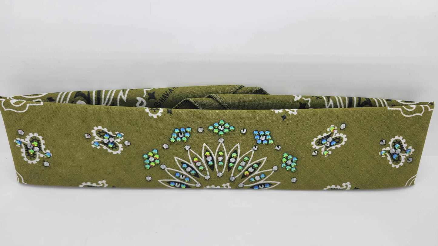 Narrow Olive Green Paisley with Vitrail and Black Austrian Crystals (sku6278)