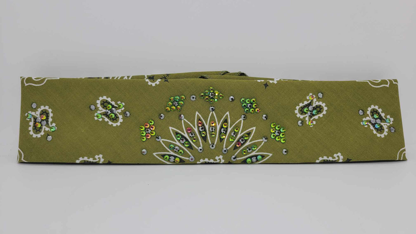 Narrow Olive Green Paisley with Vitrail and Black Austrian Crystals (sku6278)