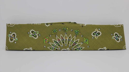 Narrow Olive Green Paisley Bandana with Vitrail and Black Austrian Crystals (sku6278)