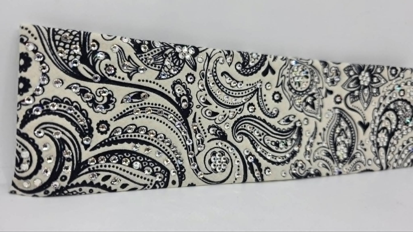 LeeAnnette Navy on Cream Paisley Bandana with Diamond Clear Austrian Crystals (L40238)