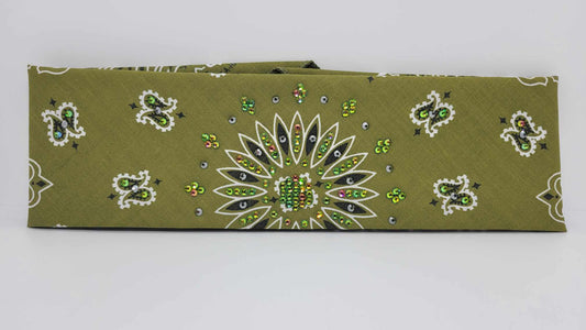 Olive Green Paisley Bandana with Vitrail and Black Austrian Crystals (Sku6280)