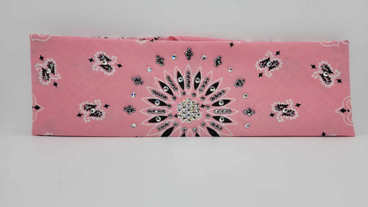 Light Pink Paisley Bandana with Black and Diamond Clear Austrian Crystals (Sku6282)