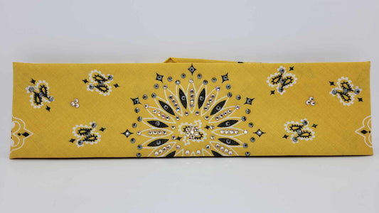 Golden Mustard Paisley Bandana with Black and Honey Austrian Crystals (Sku6287)