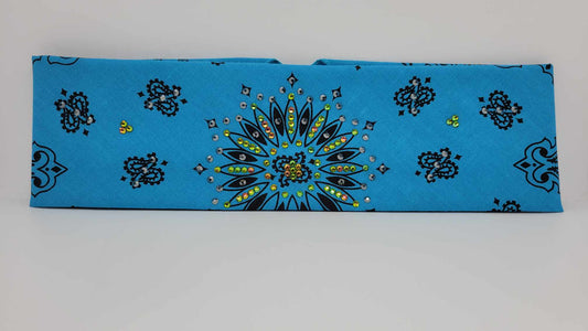 Electric Blue Paisley Bandana with Black and Vitrail Austrian Crystals (Sku6290)