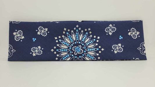 Navy Blue Paisley Bandana with Blue Shimmer and Diamond Clear Austrian Crystals (Sku6297)