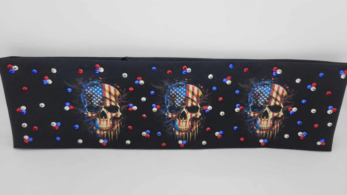 Flag Skulls with Red, Blue and Diamond Clear Austrian Crystals (Sku6303)