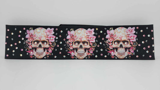 Narrow Skulls and Pink Flowers Bandana with Black, Pink and Aurora Borealis Austrian Crystals (Sku6304)