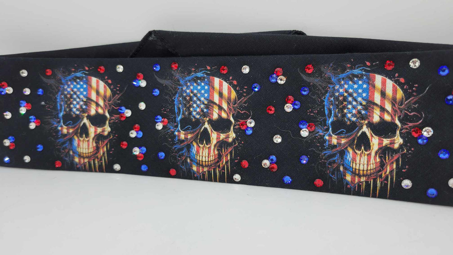 Narrow Flag Skulls with Red, Blue and Diamond Clear Austrian Crystals (Sku6305)