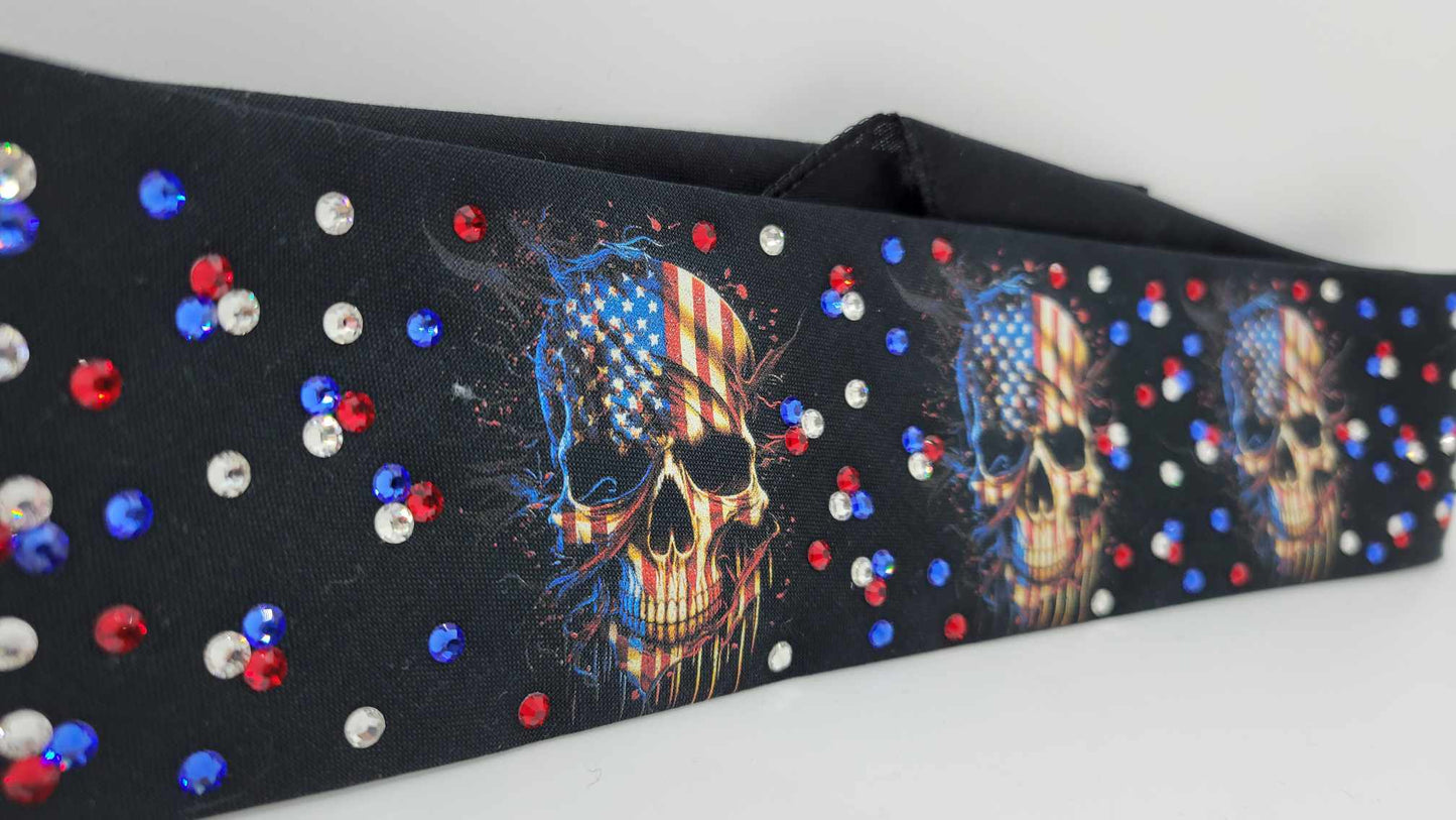 Narrow Flag Skulls with Red, Blue and Diamond Clear Austrian Crystals (Sku6305)