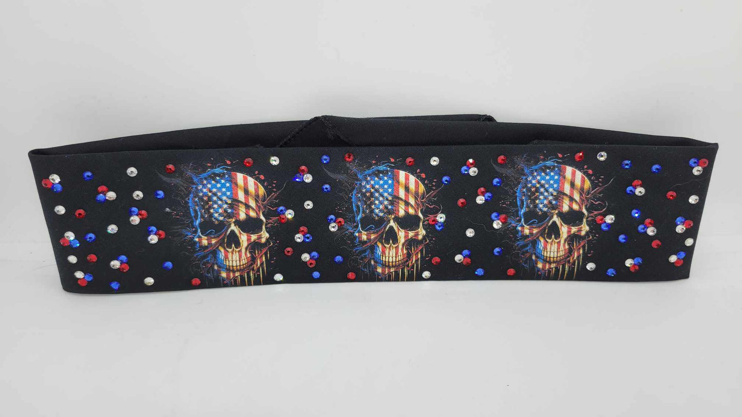 Narrow Flag Skulls with Red, Blue and Diamond Clear Austrian Crystals (Sku6305)