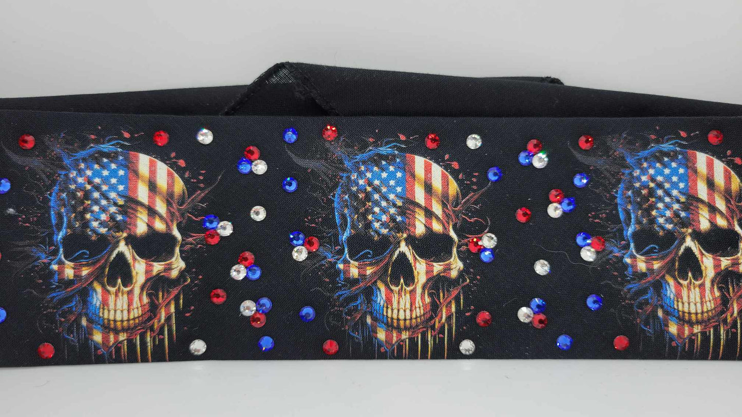 Narrow Flag Skulls with Red, Blue and Diamond Clear Austrian Crystals (Sku6305)