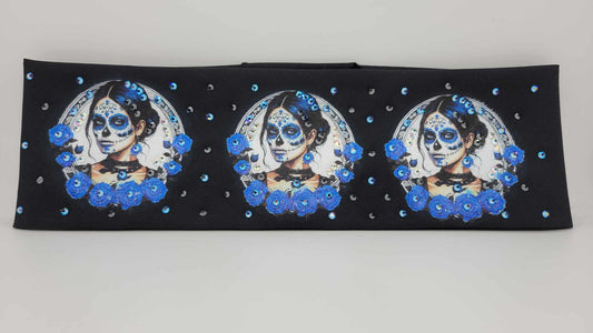 EXTRA BLING - Painted Lady and Blue Roses Bandana with Black, Aurora Borealis and Blue Shimmer Austrian Crystals (Sku6309)