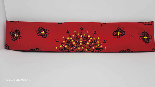 Narrow Red Paisley Bandana with Red and Yellow Austrian Crystals (Sku6312)