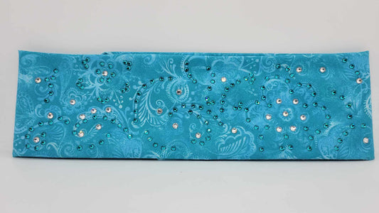 EXTRA BLING - Blue Batik Flowers Bandana with Bright Blue and Diamond Clear Austrian Crystals (Sku6314)