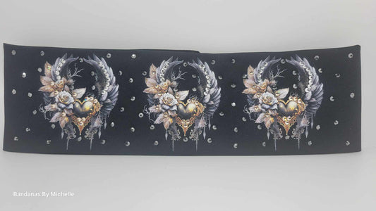 EXTRA BLING -Hearts and Wings Bandana with Honey, Black and Chrome Austrian Crystals (Sku6319)