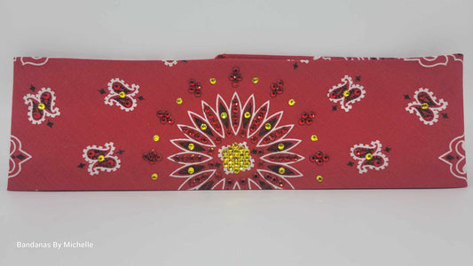 Red Paisley Bandana with Yellow and Red Austrian Crystals (Sku6324)