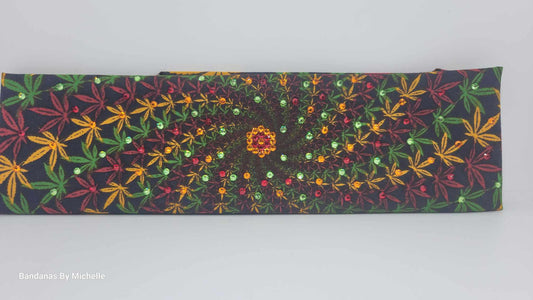 Spiral Hemp Leaves Bandana with Orange. Red and Green Austrian Crystals (Sku6325)