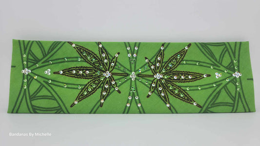 Hemp Leaves Bandana with Aurora Borealis and Green Austrian Crystals (Sku6326)